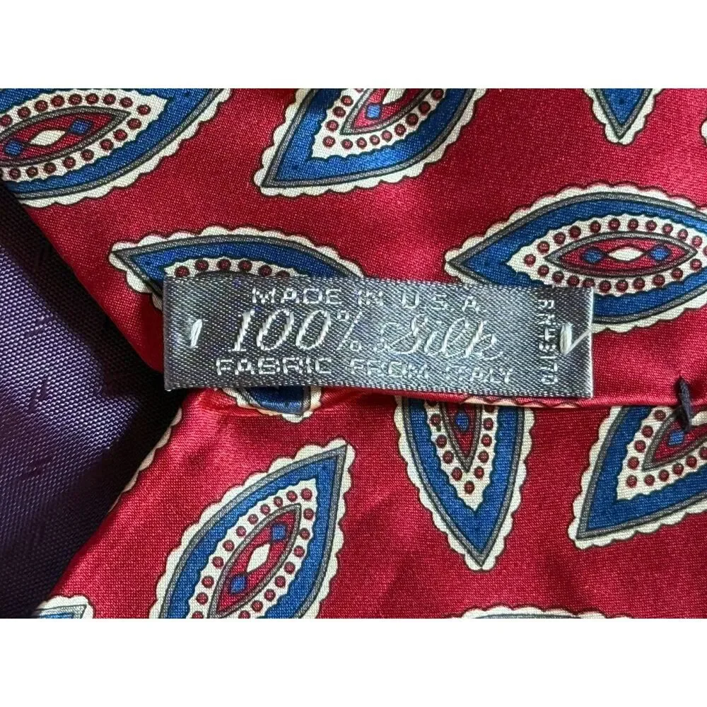 Vintage 90s Manhattan Silk Necktie Red Blue Geometric Leaf Medallion Made in USA